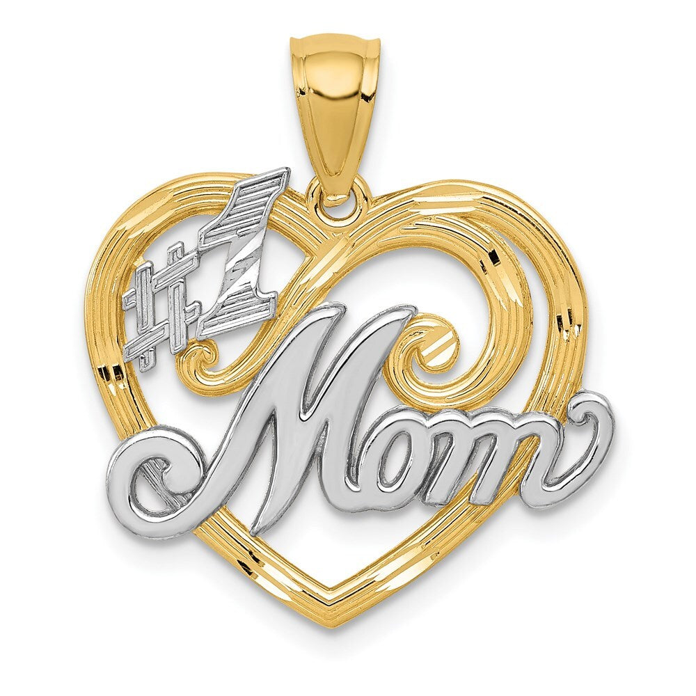 14k Yellow Gold and Rhodium #1 MOM Heart Pendant for Women