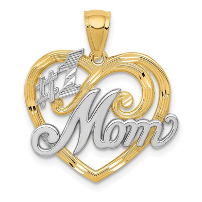 14k Yellow Gold and Rhodium #1 MOM Heart Pendant for Women