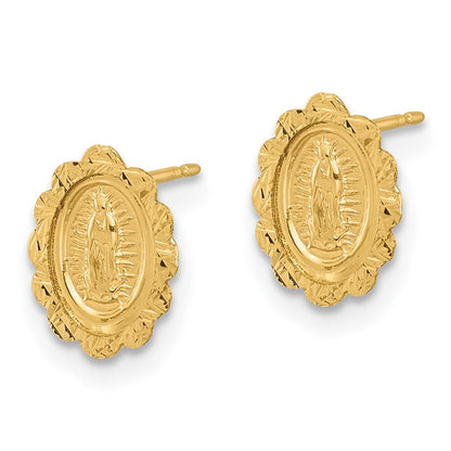14k Yellow Gold Diamond Cut Miraculous Medal Stud Earrings Gift for Women