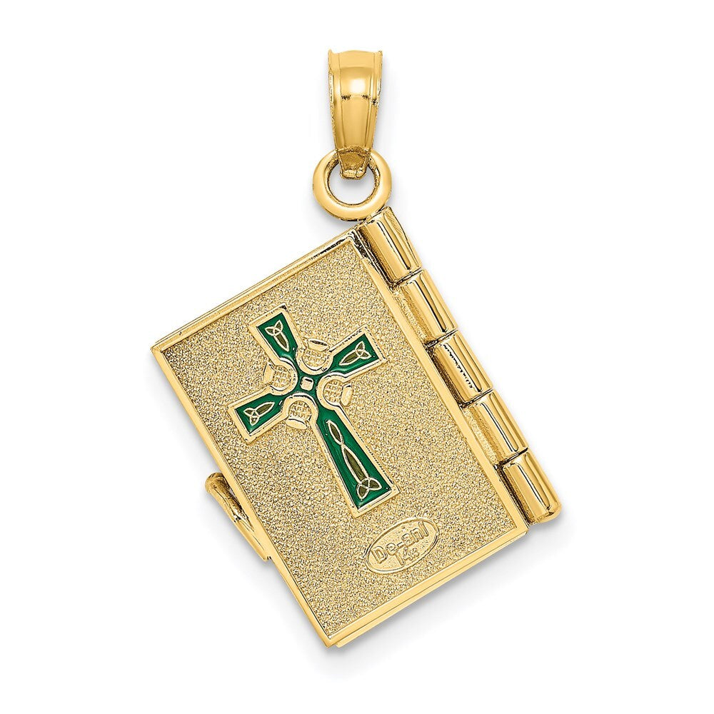 14k Yellow Gold 3-D Moveable Enameled AN IRISH PRAYER Book Clover Charm Pendant