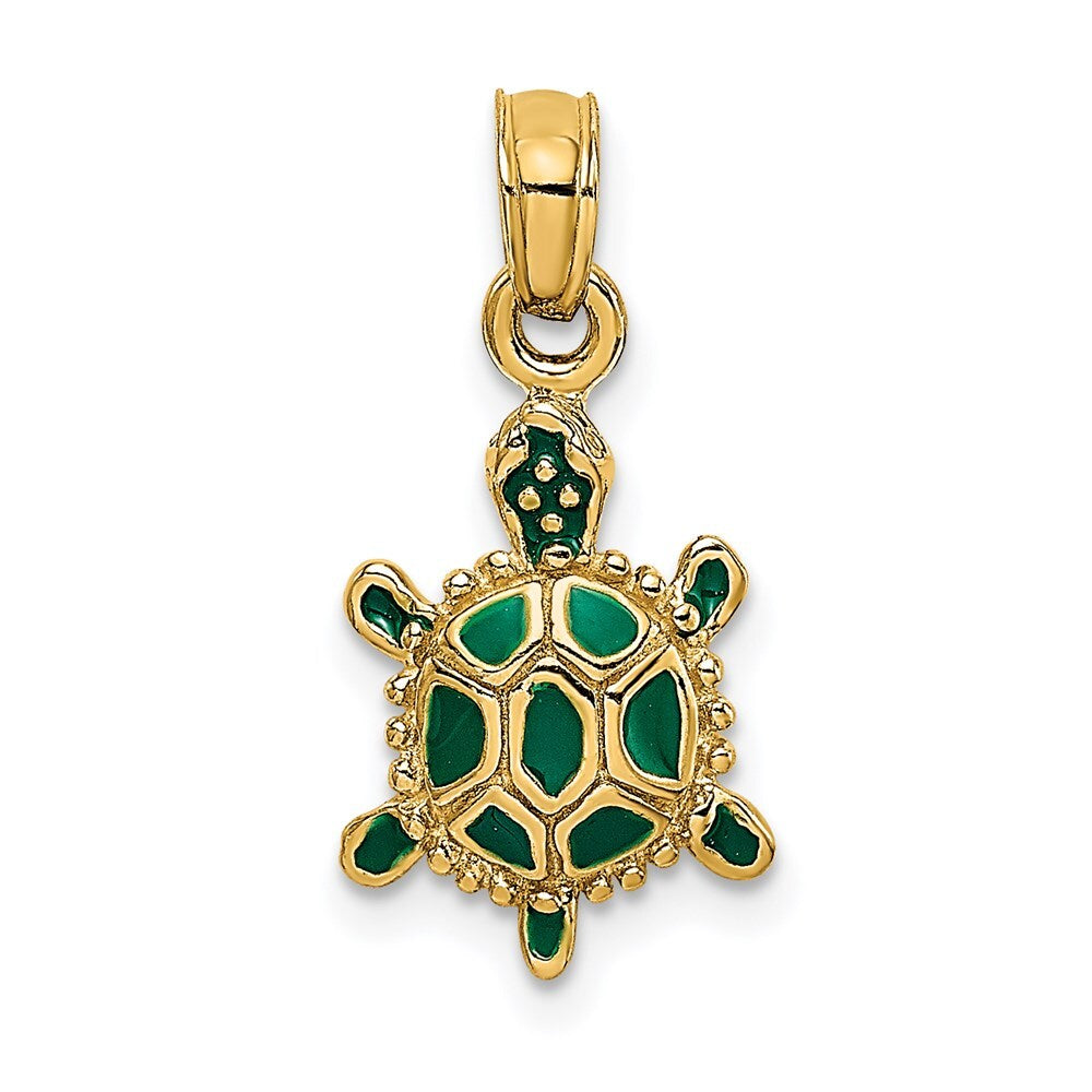 14k Yellow Gold Green Enamel 3-D Land Turtle Charm Pendant for Women