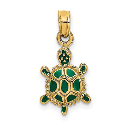 14k Yellow Gold Green Enamel 3-D Land Turtle Charm Pendant for Women