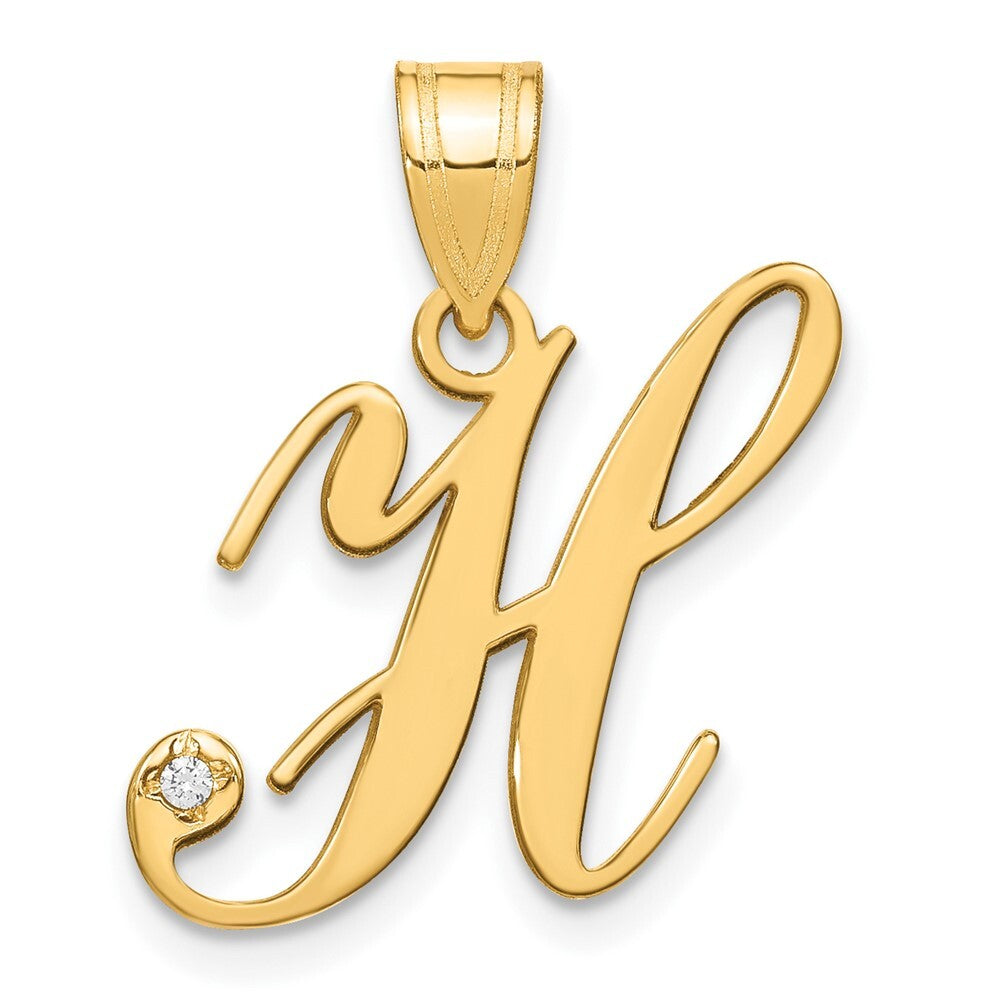 14k Yellow Gold Script Letter H Initial Pendant with Diamond for Women
