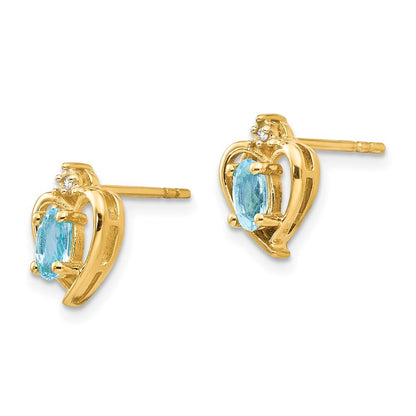 14k Yellow Gold Blue Topaz and Diamond Heart Stud Earrings Gift for Women