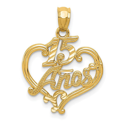 14k Yellow Gold Diamond-cut 15 ANOS Heart Pendant for Women