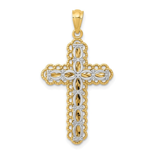 14k Two-tone Gold Gold Polished 2 Level Cross Pendant for Women