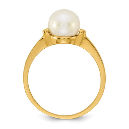 14k Yellow Gold Polished 7-8mm Button White Freshwater Cultured Pearl Ring Sz 7