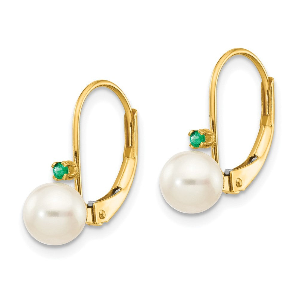 14k Yellow Gold 5-5.5mm White Round FW Cultured Pearl Emerald Leverback Earrings