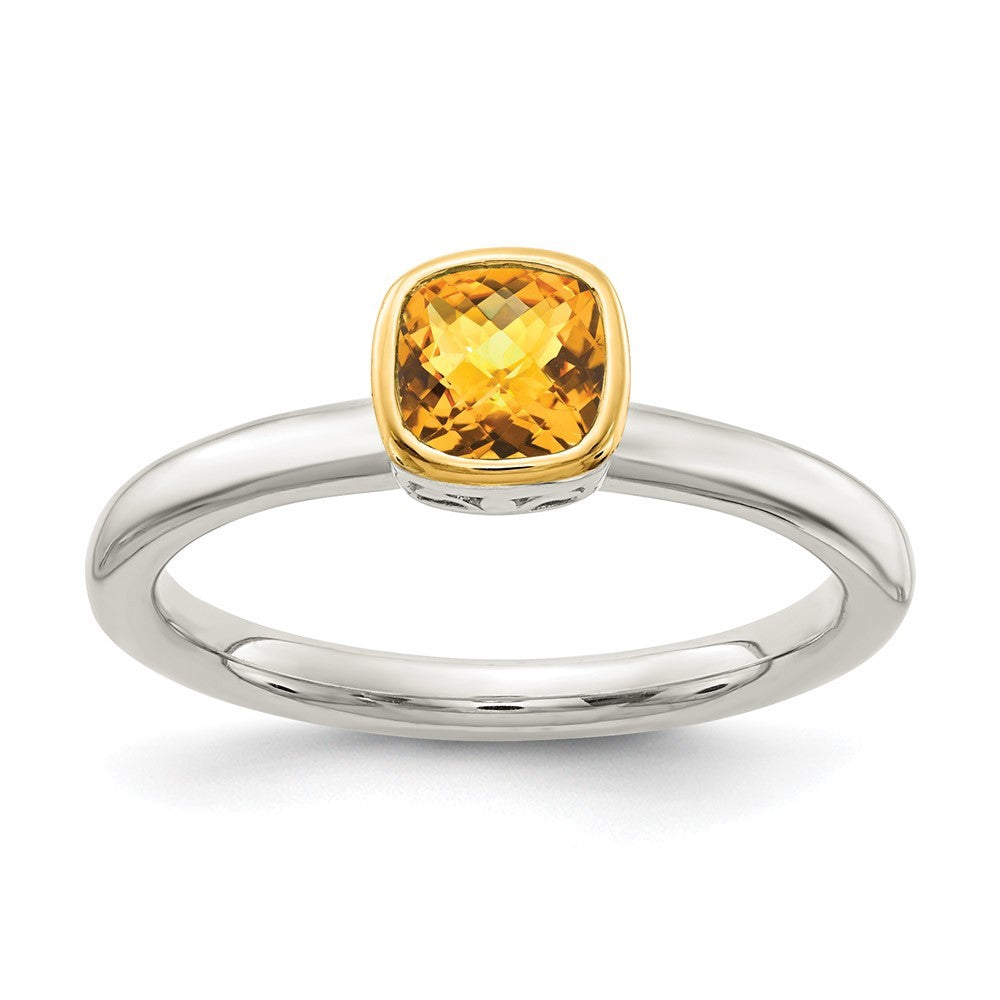 Sterling Silver Rhodium-plated with 14k Accent Polished Cushion-cut Citrine Ring