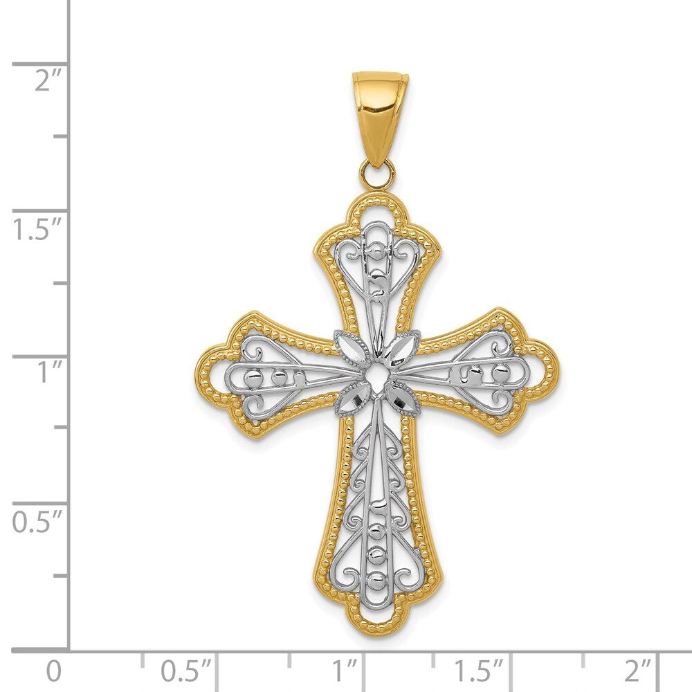 14k Yellow Gold Rhodium Diamond-cut Filigree Cut-out Cross Pendant