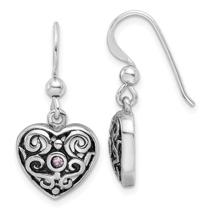 SS Rhodium-plated Antiqued Pink Cubic Zirconia Filigree Heart Dangle Earrings