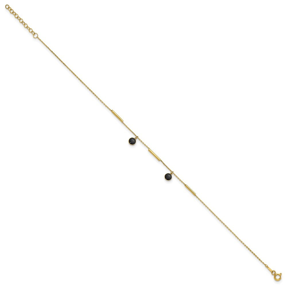 14k Yellow Gold Polished Round Onyx Dangles and Bars 10" Anklet
