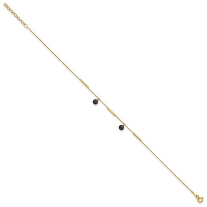 14k Yellow Gold Polished Round Onyx Dangles and Bars 10" Anklet
