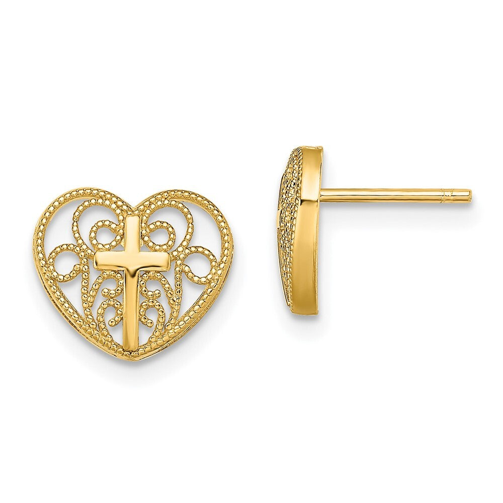 14k Yellow Gold Heart Cross Stud Earrings Gift for Women