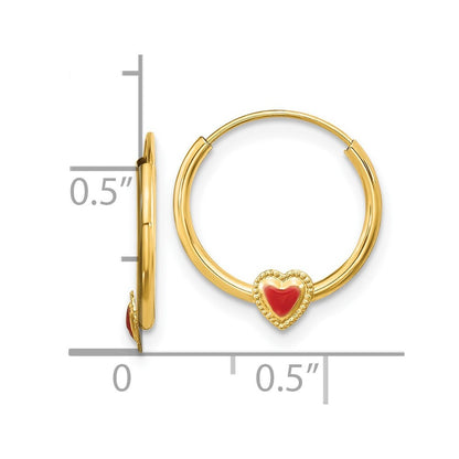 14k Yellow Gold Polished Red Enameled Heart Hoops Gift for Women