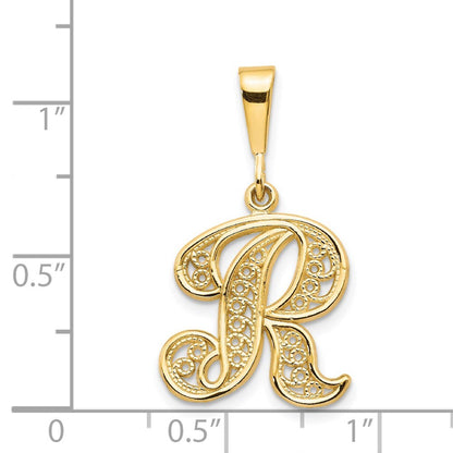 14k Yellow Gold Polished Script Filigree Letter R Initial Pendant for Women