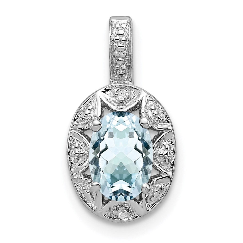 Sterling Silver Rhodium-plated Diamond & Aquamarine Pendant