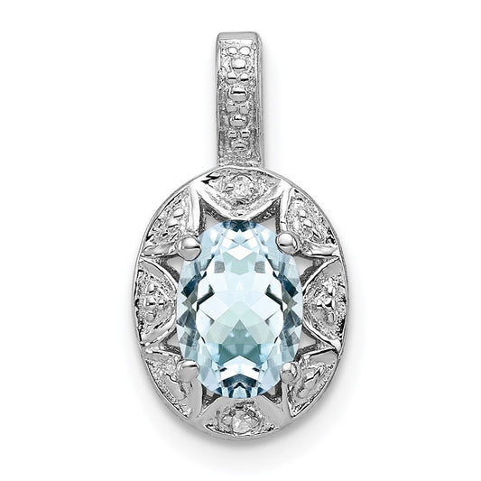 Sterling Silver Rhodium-plated Diamond & Aquamarine Pendant