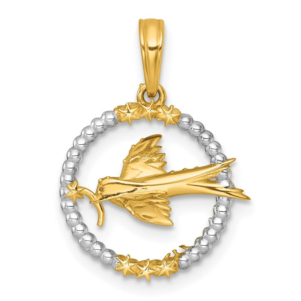 14k Yellow Gold White Rhodium Polished Flying Bird In Circle Stars Charm Pendant