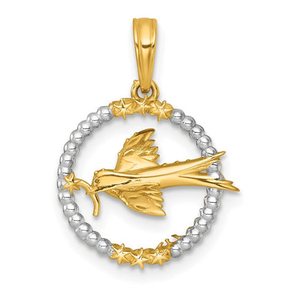 14k Yellow Gold White Rhodium Polished Flying Bird In Circle Stars Charm Pendant