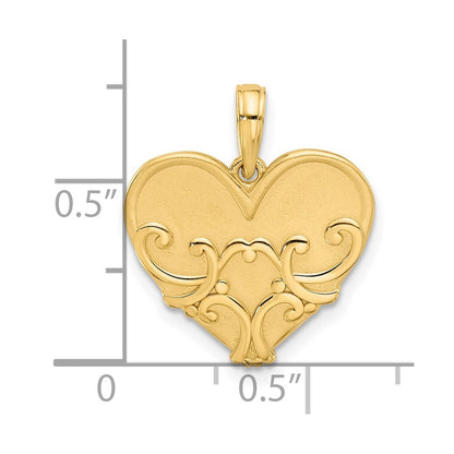 14k Yellow Gold Polished and Brushed Fancy Heart Charm Pendant for Women