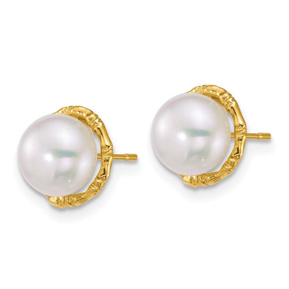 14k Yellow Gold Polished and Textured 7-8mm Freshwater Cultured Pearl Earrings