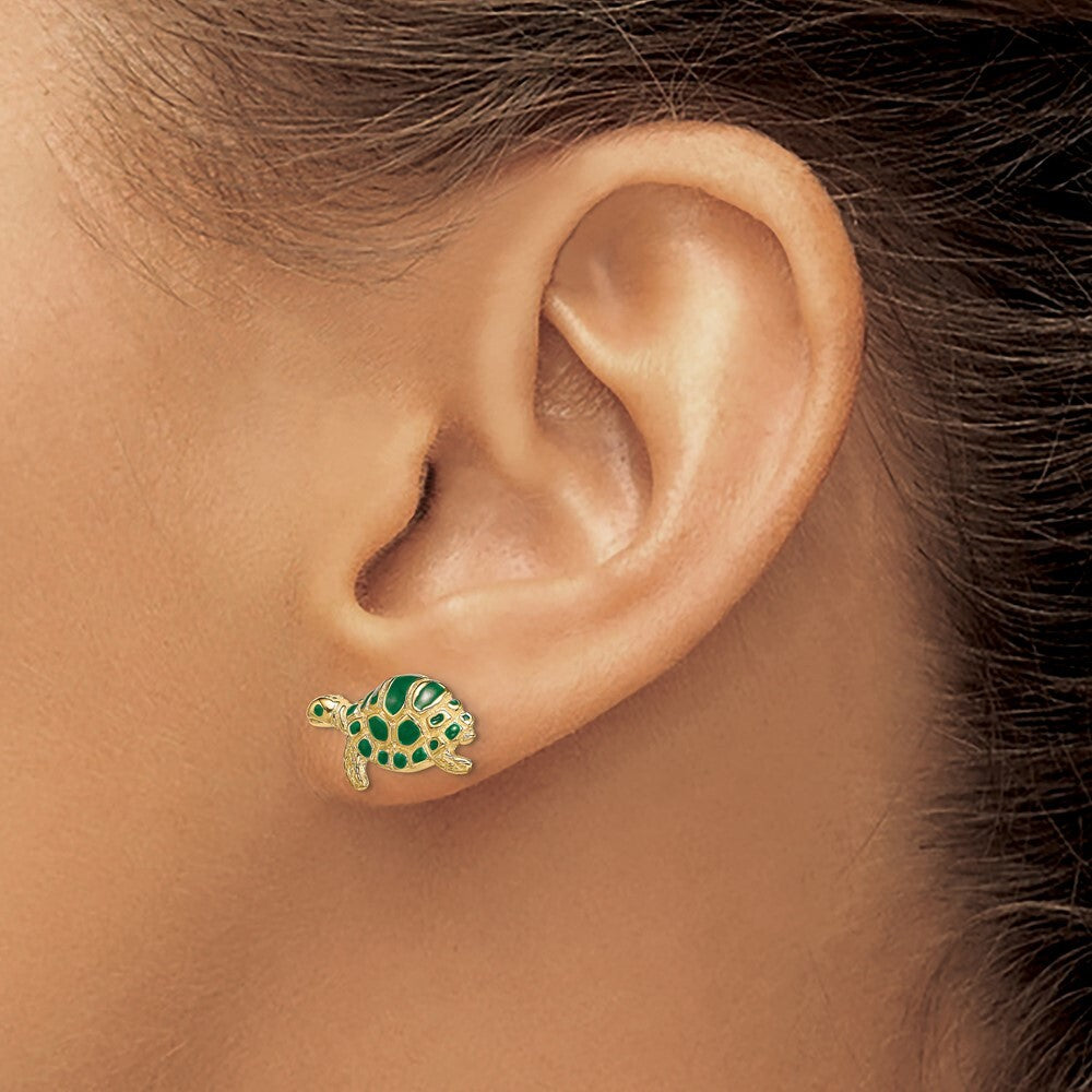 14k Yellow Gold Green Enamel Turtle Stud Earrings Gift for Women