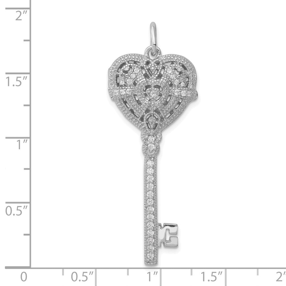Sterling Silver Rhodium-plated Cubic Zirconia Heart Key Locket