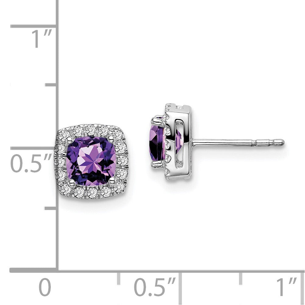 14k White Gold Cushion Amethyst and Diamond Halo Stud Earrings