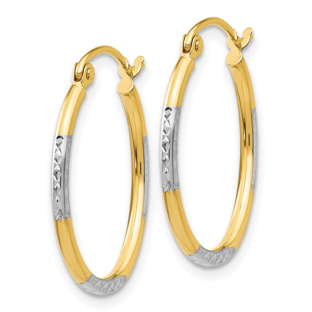 14k Yellow Gold w/White Rhodium Diamond Cut Oval Hoop Earrings