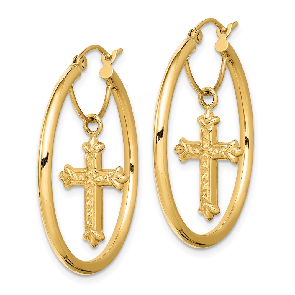 14k Yellow Gold with Diamond-Cut Cross Dangle Hoop Earrings