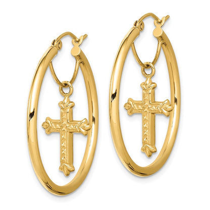 14k Yellow Gold with Diamond-Cut Cross Dangle Hoop Earrings