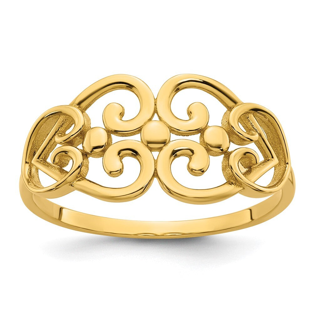 14K Yellow Gold Polished Cut Out Fancy Hearts Design Ring Size 7