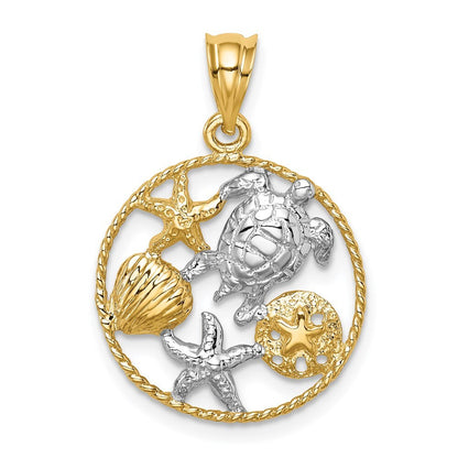 14k Yellow Gold White Rhodium Polished Sealife Pendant for Women