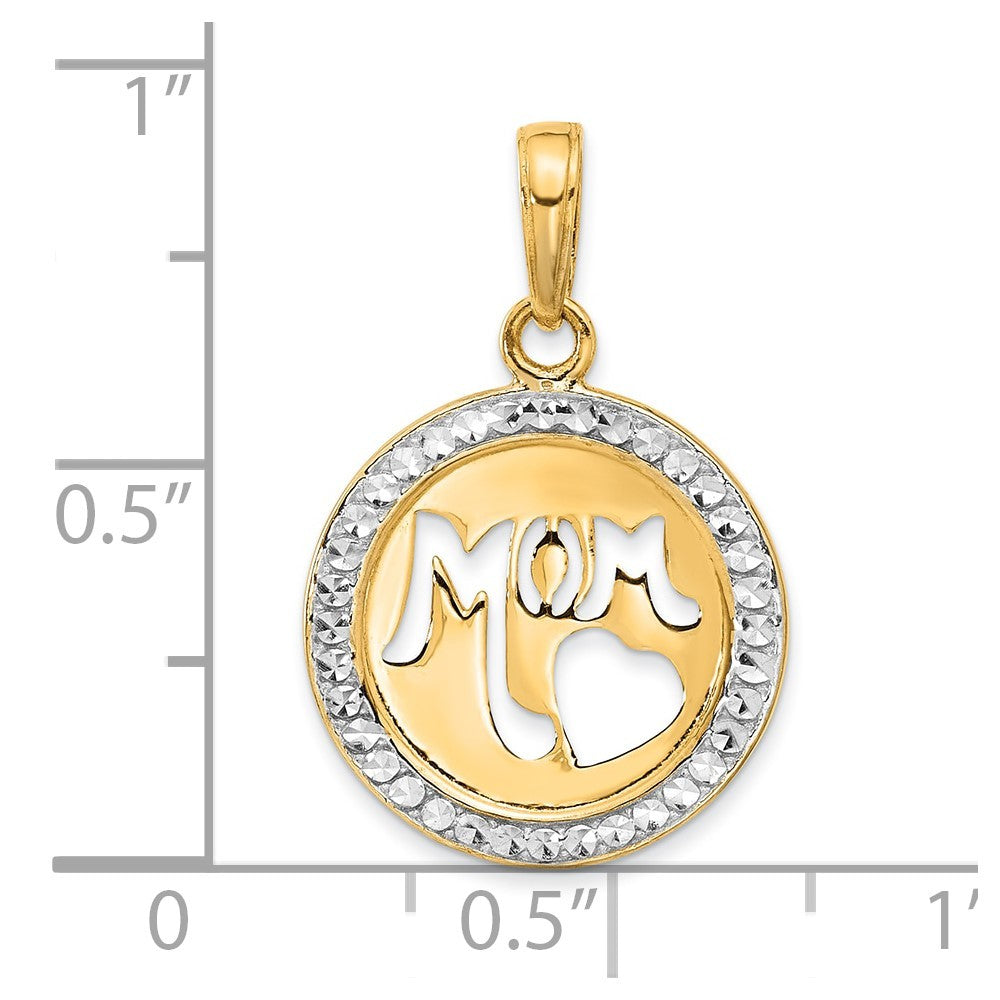 14k Yellow Gold and White Rhodium Diamond-Cut MOM Cut-out Heart Pendant