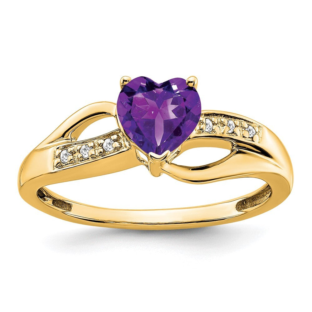 14K Yellow Gold Amethyst and Diamond Heart Ring Size 7