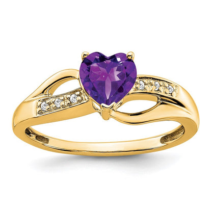 14K Yellow Gold Amethyst and Diamond Heart Ring Size 7