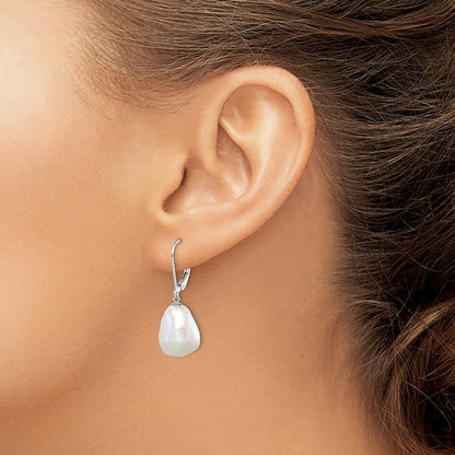 Sterling Silver 11-12mm Keshi Cultured Pearl Leverback Dangle Earrings