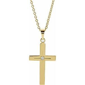 14k Yellow Gold .01 CT Natural Diamond Cross Pendant Necklace 18"