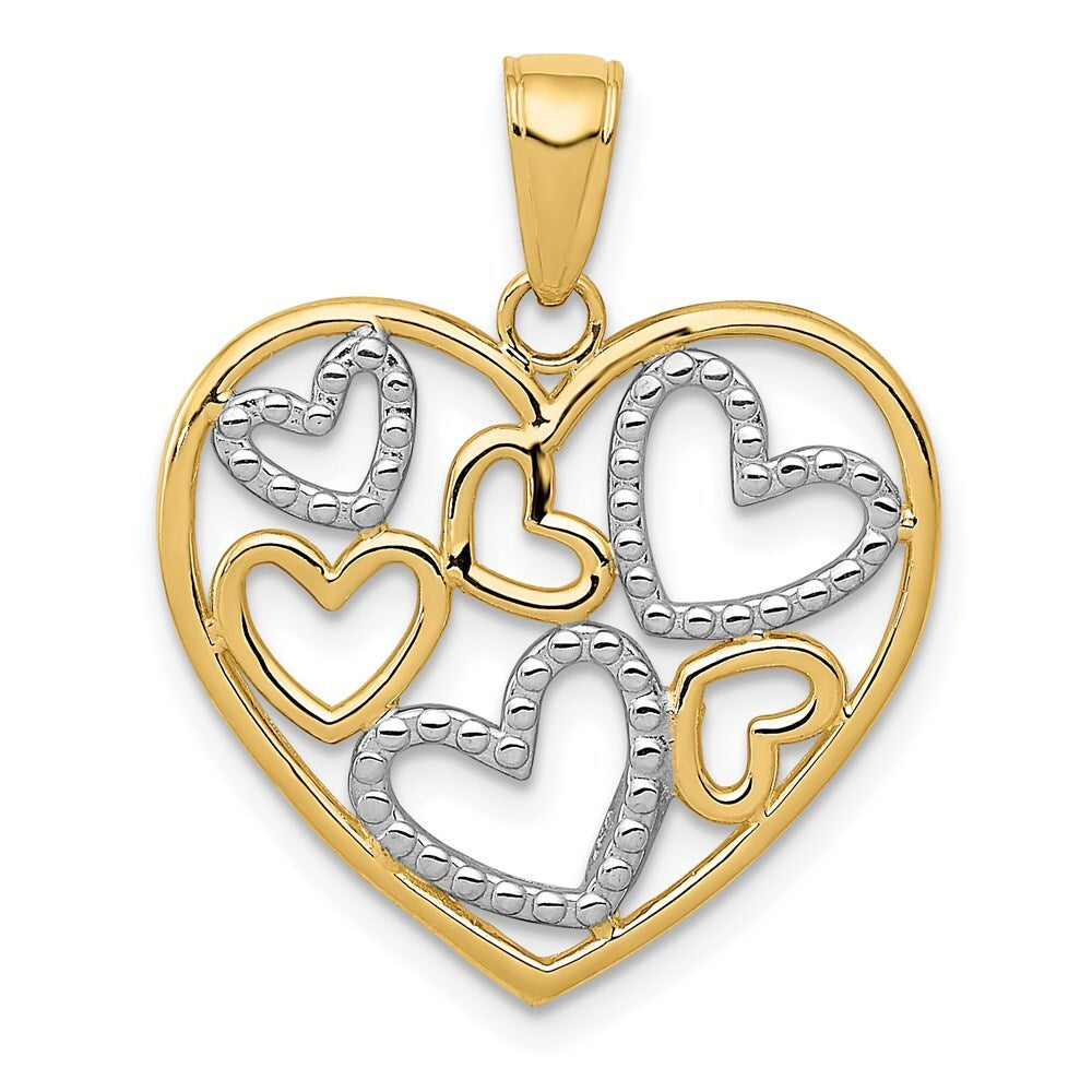 14k Yellow Gold and White Rhodium Polished Hearts inside Heart Pendant for Women