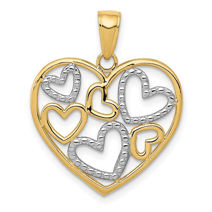 14k Yellow Gold and White Rhodium Polished Hearts inside Heart Pendant for Women