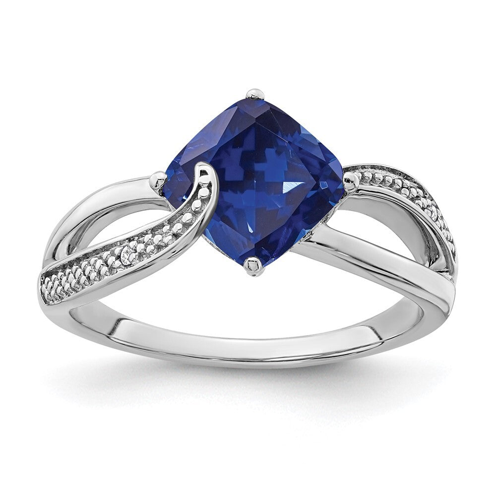 Sterling Silver Rhodium-plated Created Sapphire and Diamond Ring Size 7