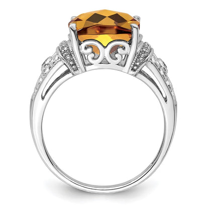 Sterling Silver Rhodium Diamond & Checker-Cut Whiskey Quartz Ring Size 7