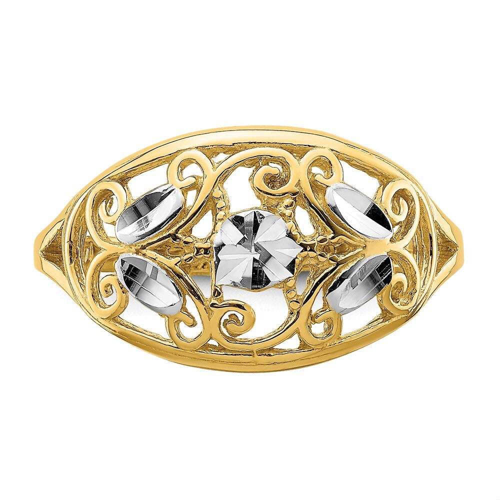 14K Yellow Gold w/Rhodium Diamond-Cut Oval Filigree Ring Size 7