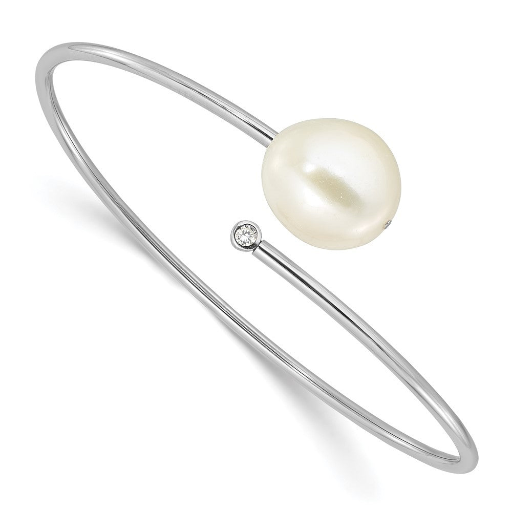 Sterling Silver Rhodium-plated 14mm Cultured Pearl and CZ Flexible Bangle