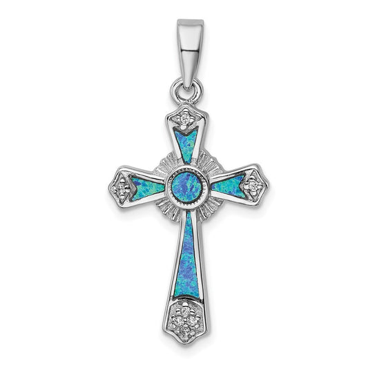 Sterling Silver Rhodium-plated Cubic Zirconia / Created Opal Cross Pendant