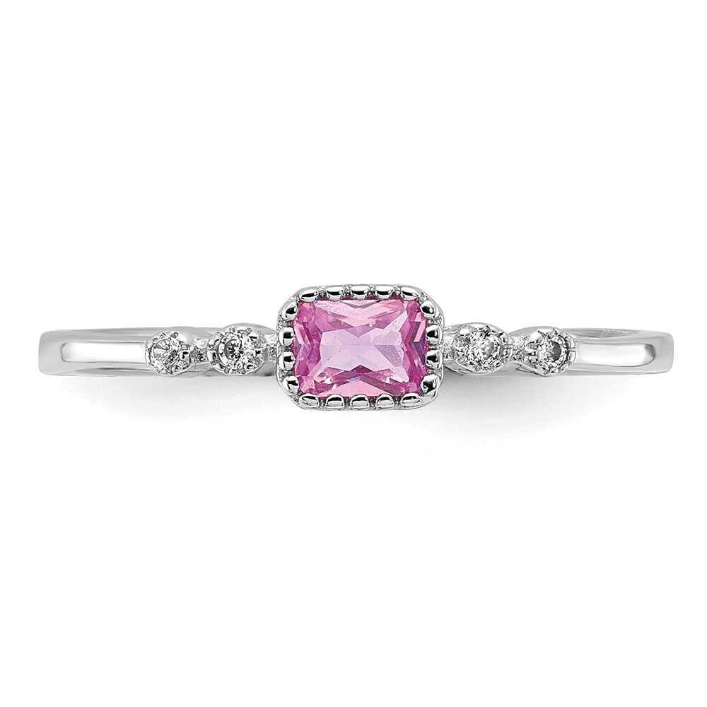 SS Rhodium-plated .43Created Pink Sapphire and .02Cr. Sapphire Ring Size 8