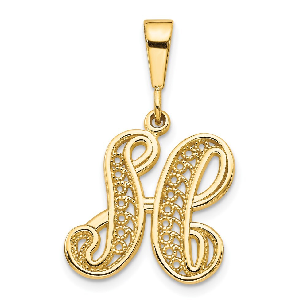 14k Yellow Gold Polished Script Filigree Letter H Initial Pendant for Women