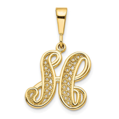 14k Yellow Gold Polished Script Filigree Letter H Initial Pendant for Women