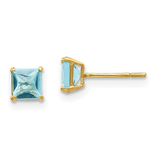 14k Yellow Gold Blue Topaz 4mm Square Stud Earrings Gift for Women
